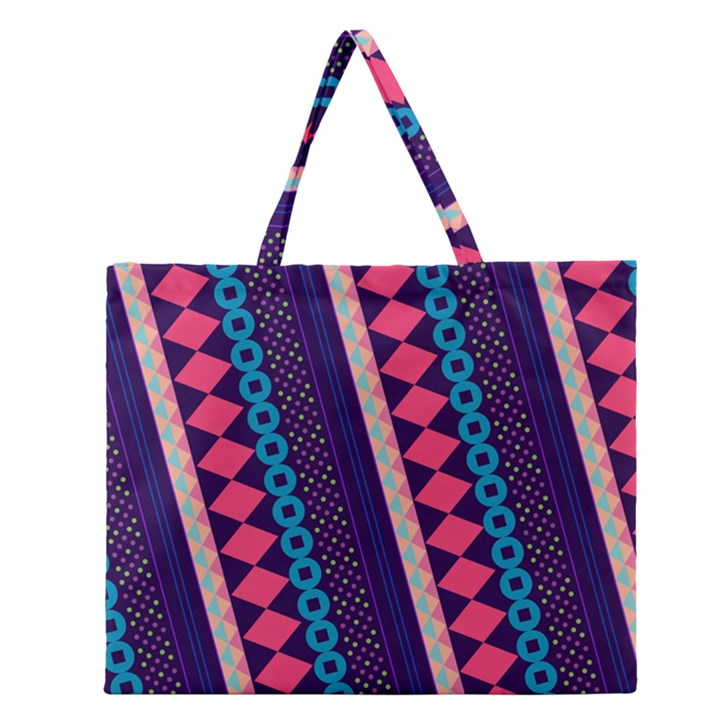 Purple And Pink Retro Geometric Pattern Zipper Large Tote Bag