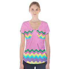 Easter Chevron Pattern Stripes Short Sleeve Front Detail Top