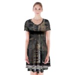 Black technology Circuit Board Electronic Computer Short Sleeve V-neck Flare Dress