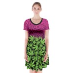 Dark Green Pink Cannabis Marijuana Short Sleeve V-neck Flare Dress