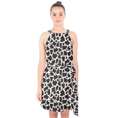 Cow Pattern Background Halter Collar Waist Tie Chiffon Dress