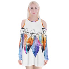 Watercolor Feathers Velvet Long Sleeve Shoulder Cutout Dress