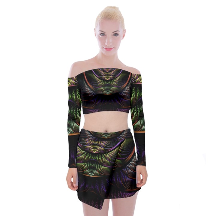 Fractal Colorful Pattern Fantasy Off Shoulder Top with Mini Skirt Set