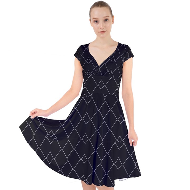 Black And White Grid Pattern Cap Sleeve Front Wrap Midi Dress