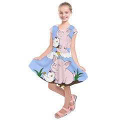 Go Vegan - Cute Pig And Chicken Kids  Short Sleeve Dress