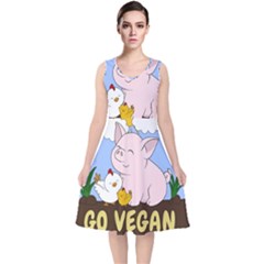 Go Vegan - Cute Pig And Chicken V-neck Midi Sleeveless Dress 