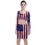 American Usa Flag Vertical Long Sleeve Crop Top & Bodycon Skirt Set