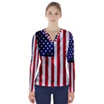 American Usa Flag Vertical V-Neck Long Sleeve Top