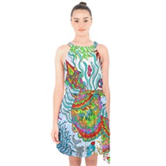 Supersonic Squid Halter Collar Waist Tie Chiffon Dress