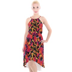 Red Floral Collage Print Design 2 High-low Halter Chiffon Dress 