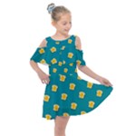 Toast With Cheese Funny Retro Pattern Turquoise Green Background Kids  Shoulder Cutout Chiffon Dress