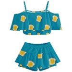 Toast With Cheese Funny Retro Pattern Turquoise Green Background Kids  Off Shoulder Skirt Bikini