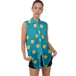 Toast With Cheese Funny Retro Pattern Turquoise Green Background Sleeveless Chiffon Button Shirt