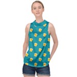 Toast With Cheese Funny Retro Pattern Turquoise Green Background High Neck Satin Top