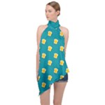 Toast With Cheese Funny Retro Pattern Turquoise Green Background Halter Asymmetric Satin Top