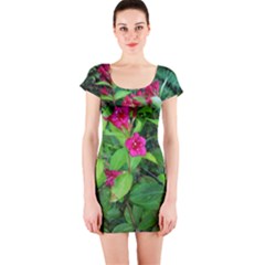 Purple Park Flowers Short Sleeve Bodycon Dress