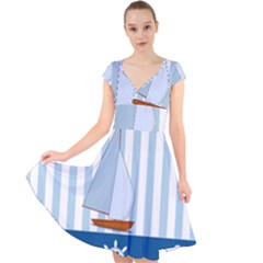 Yacht Boat Nautical Ship Cap Sleeve Front Wrap Midi Dress