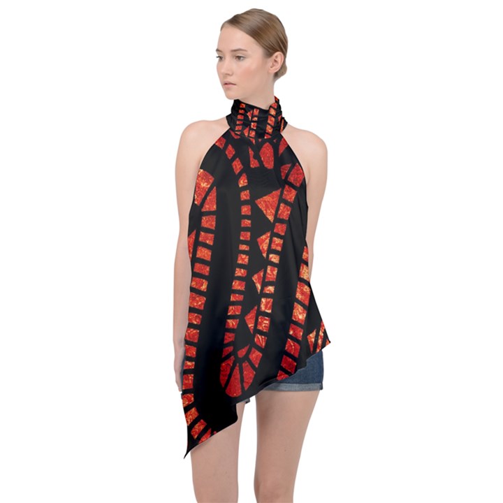 Background Abstract Red Black Halter Asymmetric Satin Top