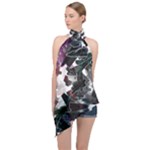 Abstract Background Science Fiction Halter Asymmetric Satin Top