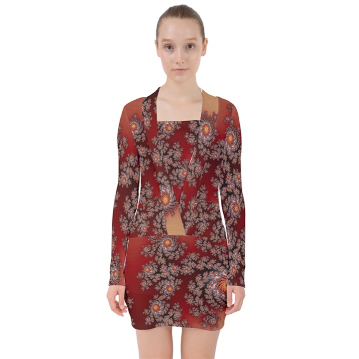 Fractal Rendering Pattern Abstract V-neck Bodycon Long Sleeve Dress