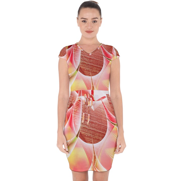 Background Floral Pattern Structure Capsleeve Drawstring Dress 
