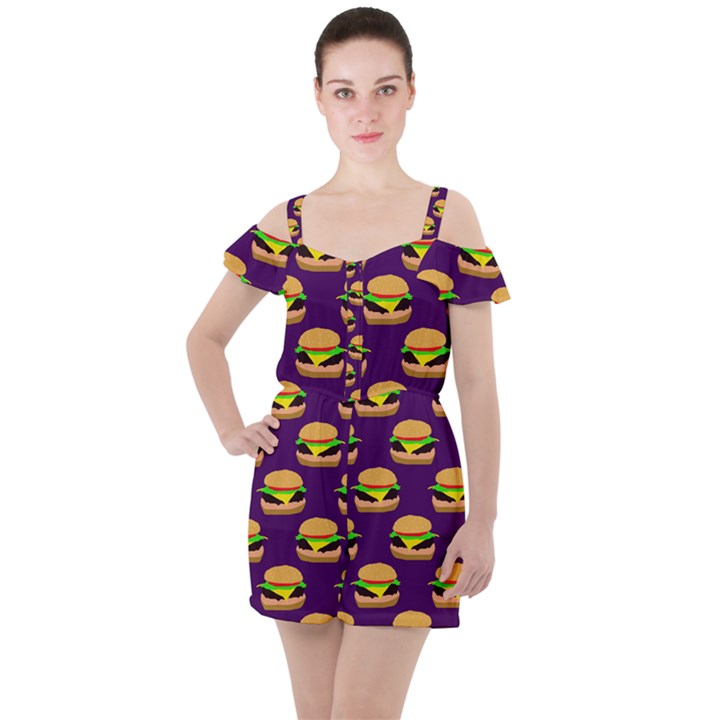 Burger Pattern Ruffle Cut Out Chiffon Playsuit