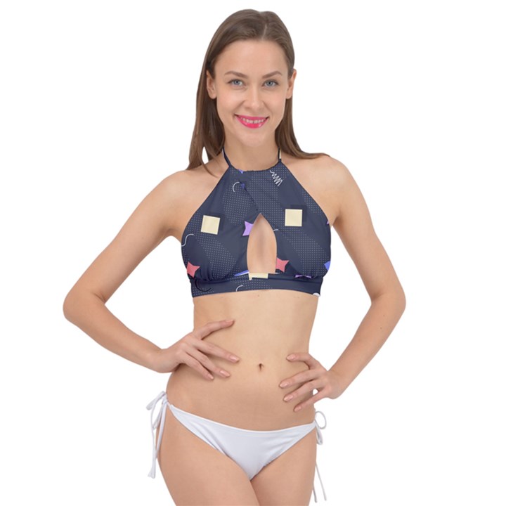 Memphis Pattern With Geometric Shapes Cross Front Halter Bikini Top