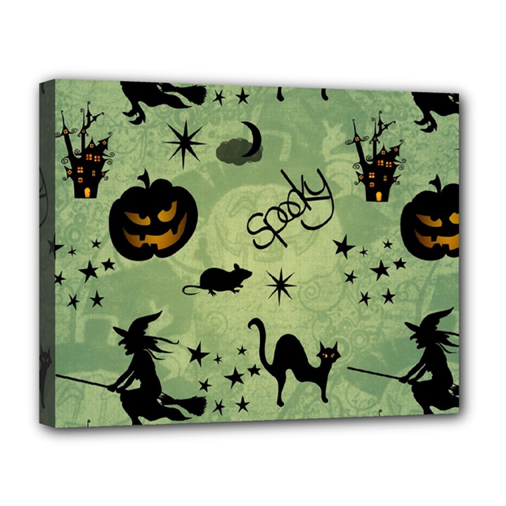 Funny Halloween Pattern With Witch, Cat And Pumpkin Canvas 14  x 11  (Stretched)