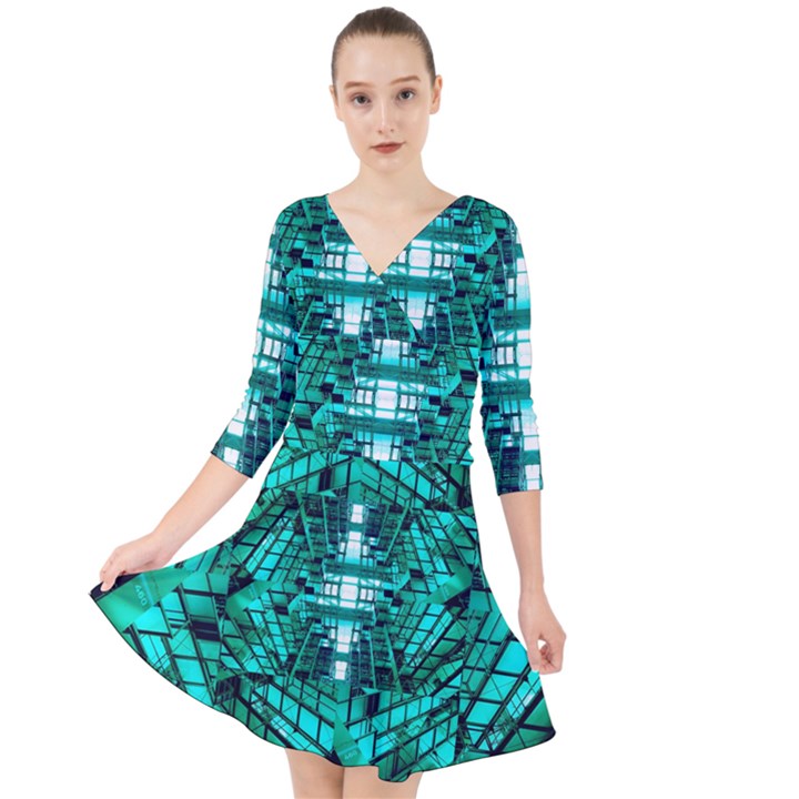 Texture Building Structure Pattern Quarter Sleeve Front Wrap Dress
