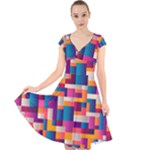 Abstract Geometry Blocks Cap Sleeve Front Wrap Midi Dress