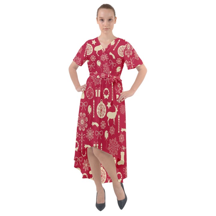 Christmas Pattern Background Front Wrap High Low Dress