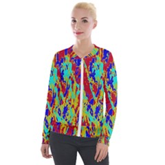 Multicolored Vibran Abstract Textre Print Velour Zip Up Jacket
