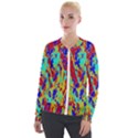 Multicolored Vibran Abstract Textre Print Velour Zip Up Jacket View1