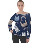 Colorful Cute Cats Seamless Pattern Off Shoulder Long Sleeve Velour Top