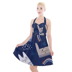 Colorful Cute Cats Seamless Pattern Halter Party Swing Dress 