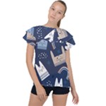 Colorful Cute Cats Seamless Pattern Ruffle Collar Chiffon Blouse