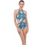 Seamless Pattern Funny Astronaut Outer Space Transportation Halter Side Cut Swimsuit