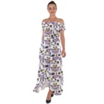 Hand Drawn Cute Cat Pattern Off Shoulder Open Front Chiffon Dress