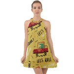 Childish Seamless Pattern With Dino Driver Halter Tie Back Chiffon Dress