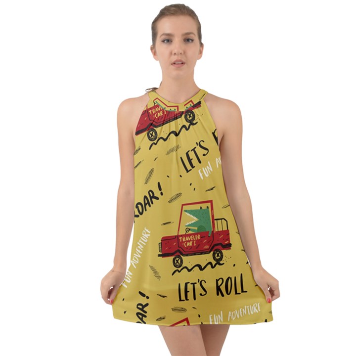Childish Seamless Pattern With Dino Driver Halter Tie Back Chiffon Dress
