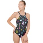 Memphis design seamless pattern High Neck One Piece Swimsuit