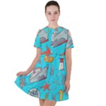 Colored sketched sea elements pattern background sea life animals illustration Short Sleeve Shoulder Cut Out Dress 