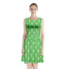 Green And White Art-deco Pattern Sleeveless Waist Tie Chiffon Dress