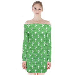 Green And White Art-deco Pattern Long Sleeve Off Shoulder Dress