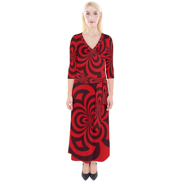 Spiral Abstraction Red, abstract curves pattern, mandala style Quarter Sleeve Wrap Maxi Dress