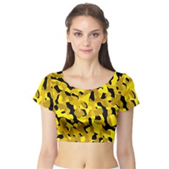 Black And Yellow Camouflage Pattern Short Sleeve Crop Top