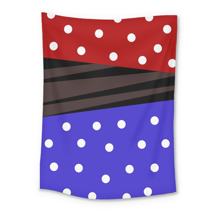 Mixed polka dots and lines pattern, blue, red, brown Medium Tapestry