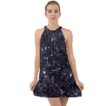 Geometric Dark Blue Abstract Print Pattern Halter Tie Back Chiffon Dress