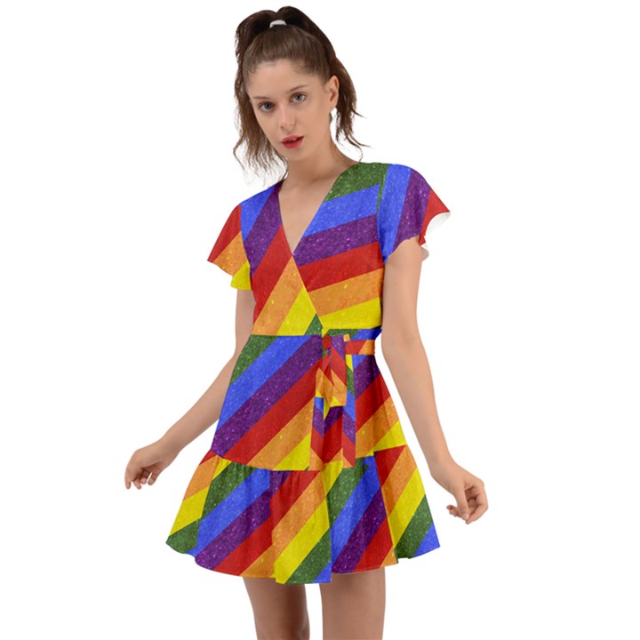 Lgbt Pride Motif Flag Pattern 1 Flutter Sleeve Wrap Dress