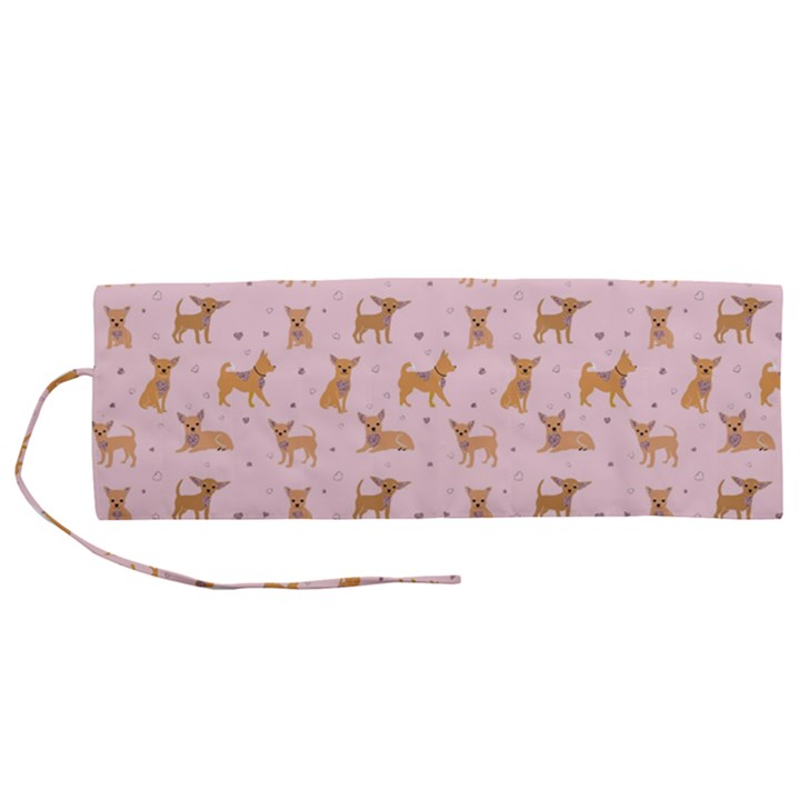Cute Chihuahua With Sparkles On A Pink Background Roll Up Canvas Pencil Holder (M)